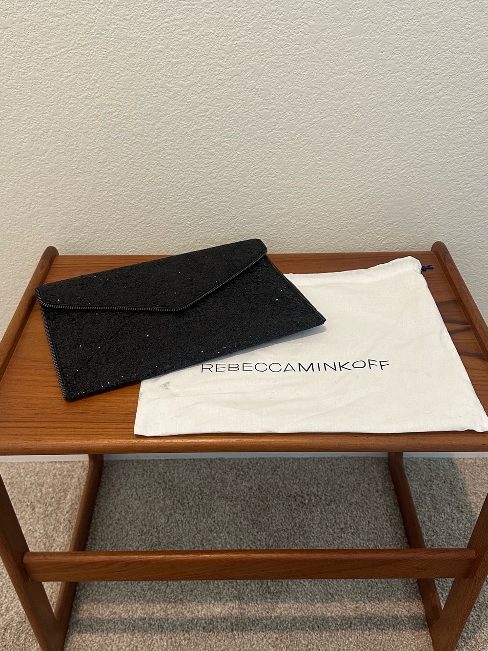 Rebecca Minkoff Black Glitter Leo Envelope Clutch with Dust Bag